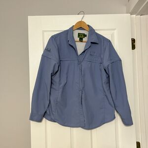 Cabela's Guidewear Fishing Shirt Womens L Blue Zip Off Sleeves Button Down